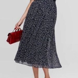 Who what where navy blue flowy midi skirt feminine career special occasion 12 l